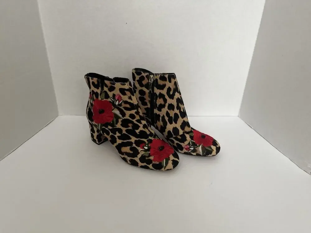 KATE SPADE LEOPARD CALIF HAIR BOOTIES WITH ROSE EMBROIDERED DETAIL, SIZE 6M